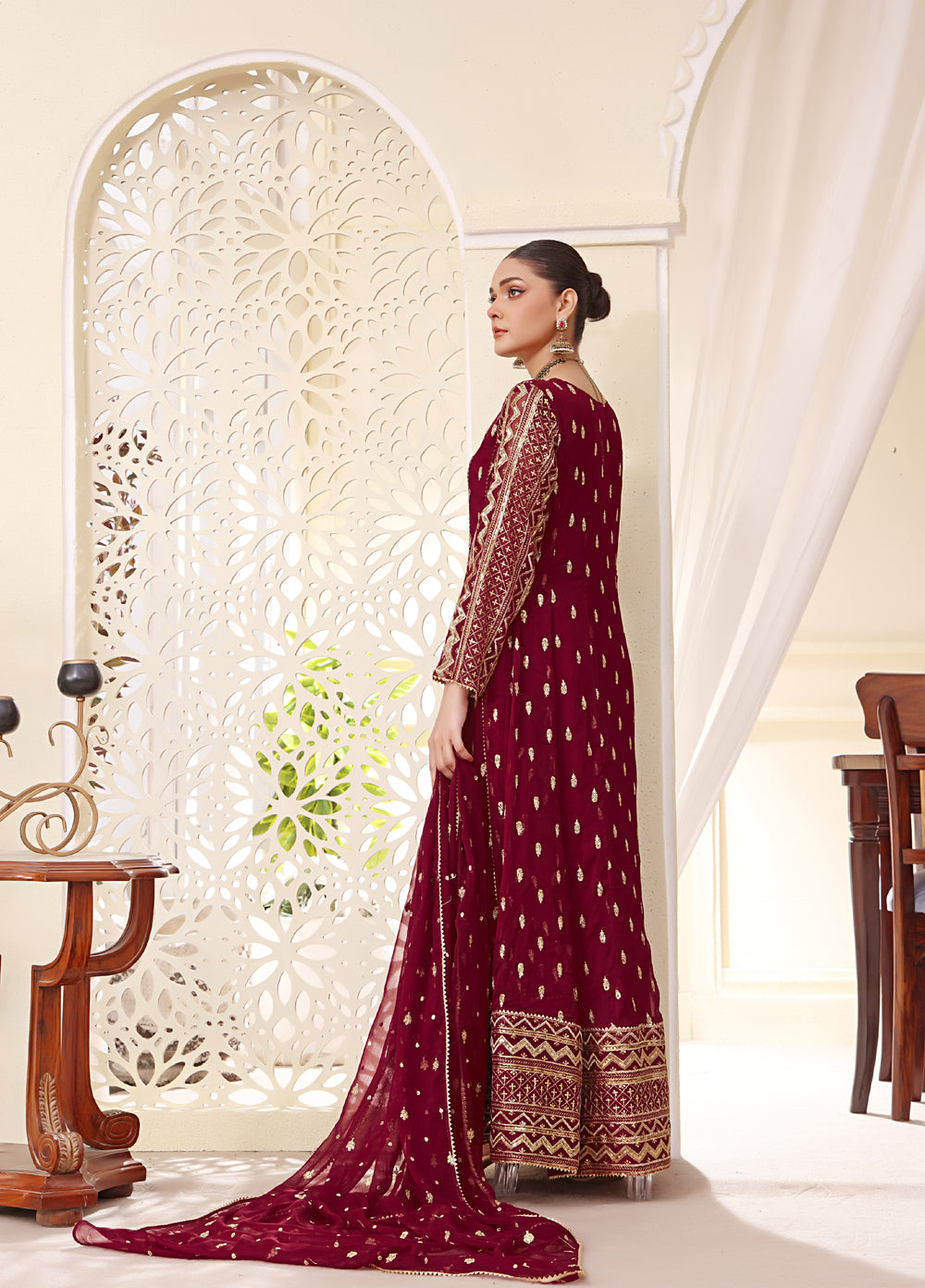 Rasm e Henna by Al Siyaab RTW Embroidered Chiffon 3 Piece Suit Bahaar Mehroon - Festive Collection