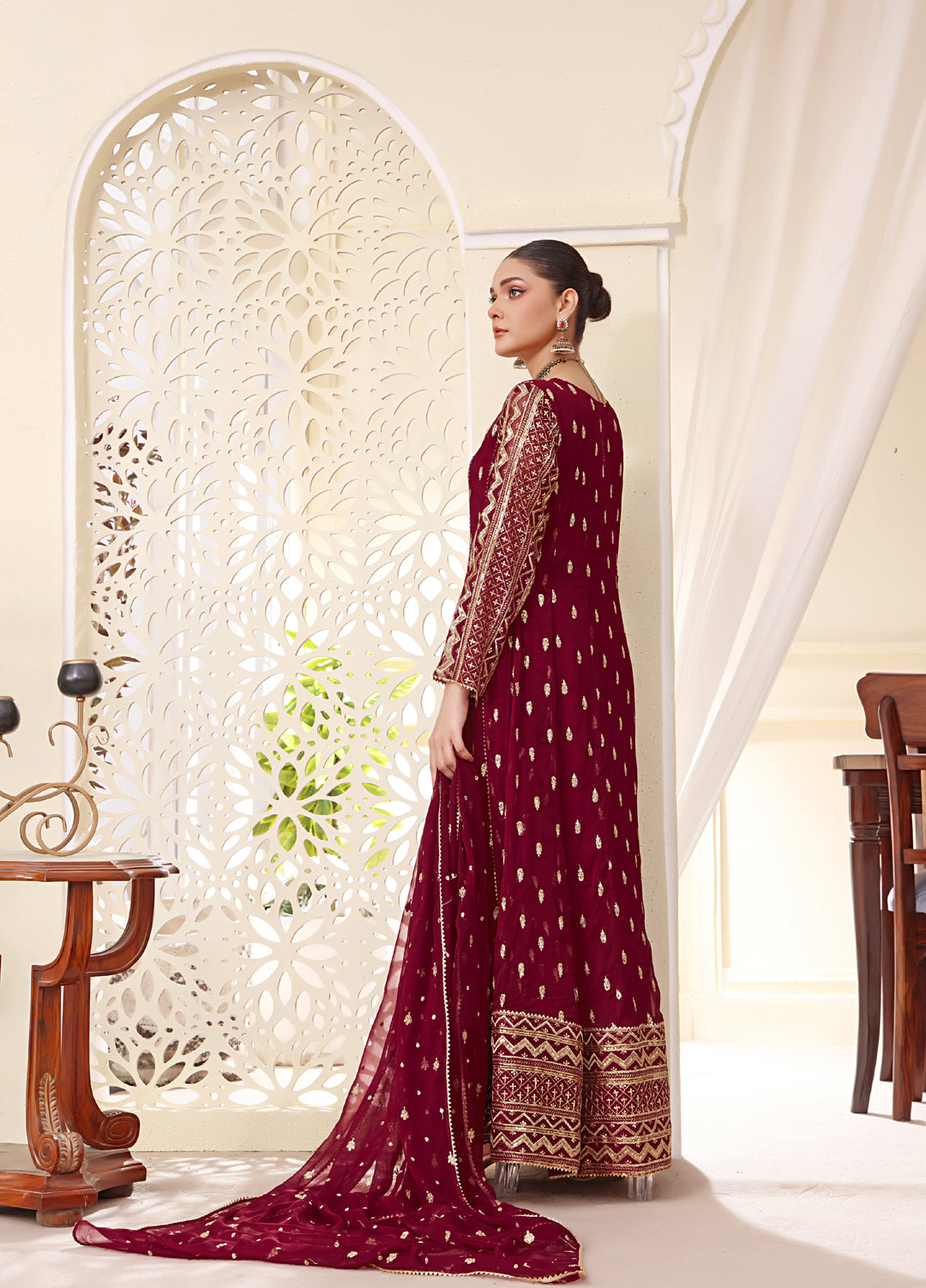 Rasm e Henna by Al Siyaab RTW Embroidered Chiffon 3 Piece Suit Bahaar Mehroon - Festive Collection