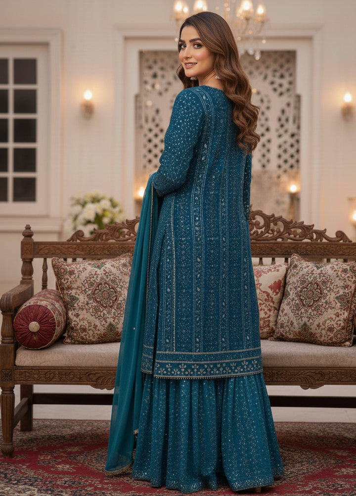 Rasm e Henna by Al Siyaab RTW Embroidered Chiffon 3 Piece Suit Miraal Peacock - Festive Collection