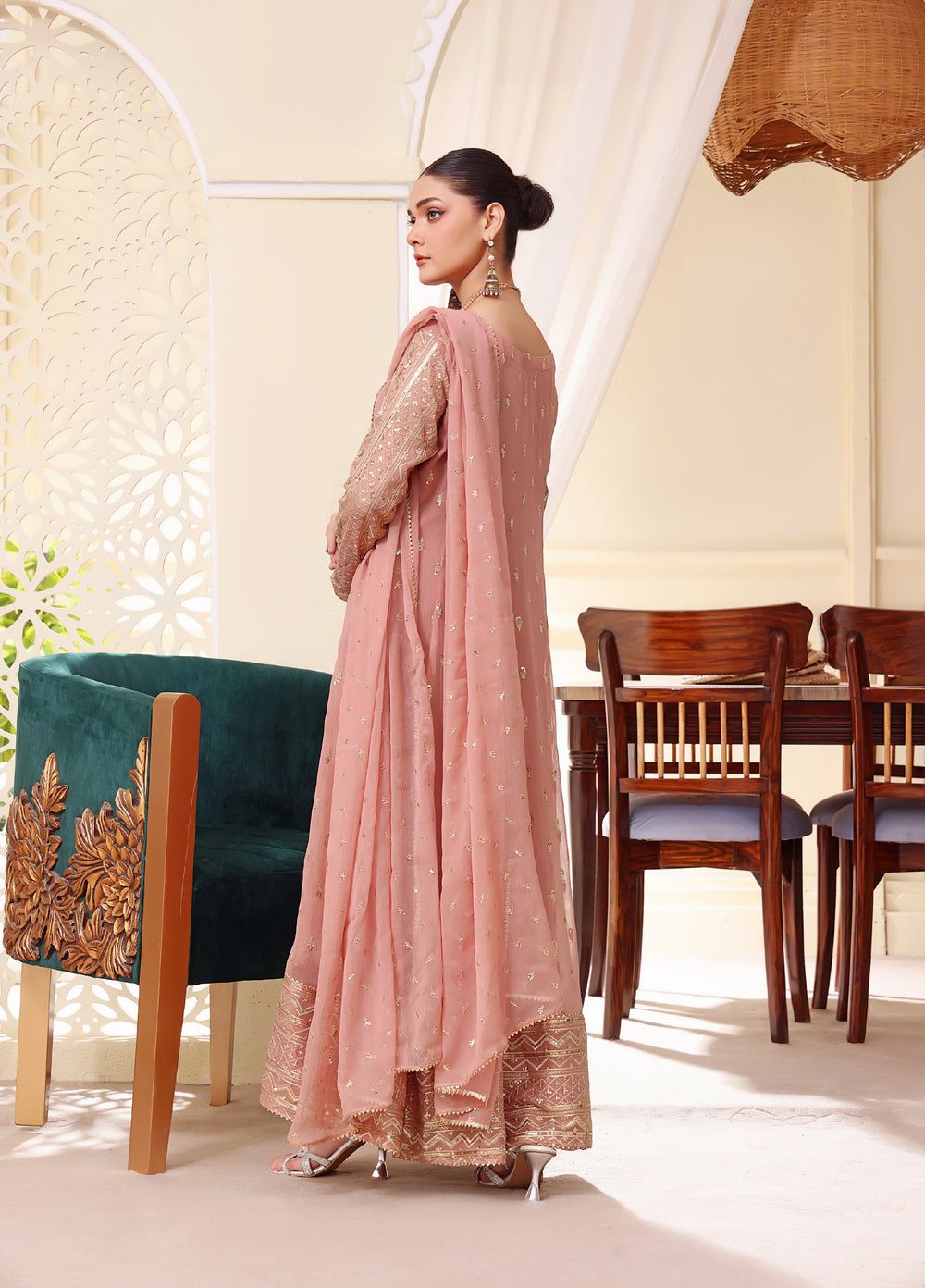 Rasm e Henna by Al Siyaab RTW Embroidered Chiffon 3 Piece Suit Bahaar Tea Pink - Festive Collection