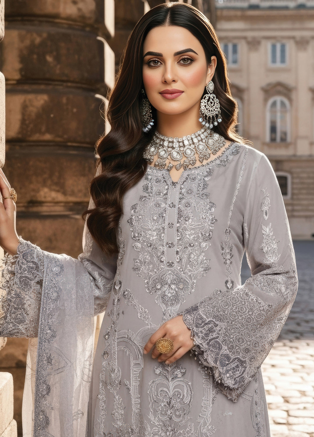 Mehr-E-Mah by Imrozia Premium Pret Embroidered Bamber Chiffon 3 Piece I-248 Feray - Festive Collection