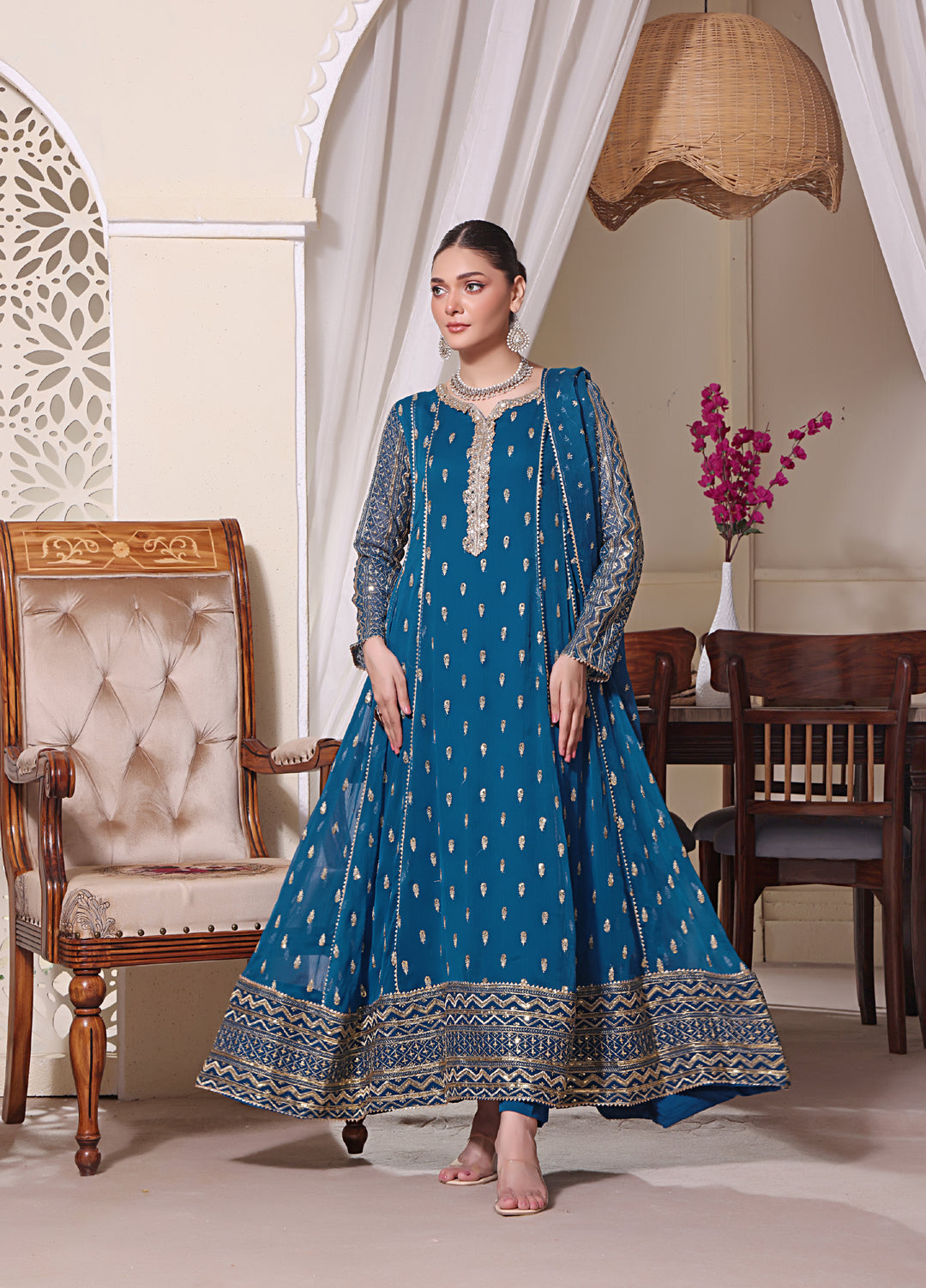 Rasm e Henna by Al Siyaab RTW Embroidered Chiffon 3 Piece Suit Bahaar Peacock - Festive Collection