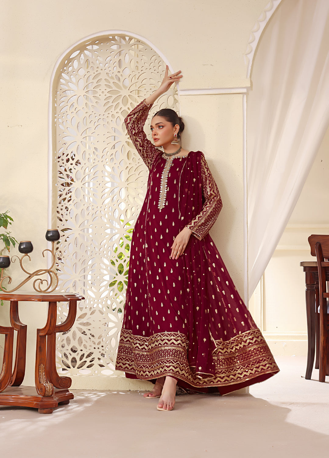 Rasm e Henna by Al Siyaab RTW Embroidered Chiffon 3 Piece Suit Bahaar Mehroon - Festive Collection