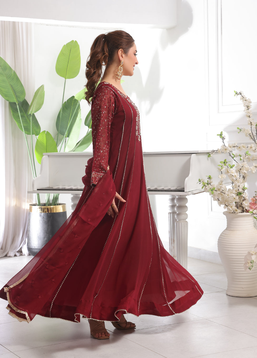 Rasm e Henna by Al Siyaab RTW Embroidered Chiffon 3 Piece Suit Raani Maroon - Festive Collection