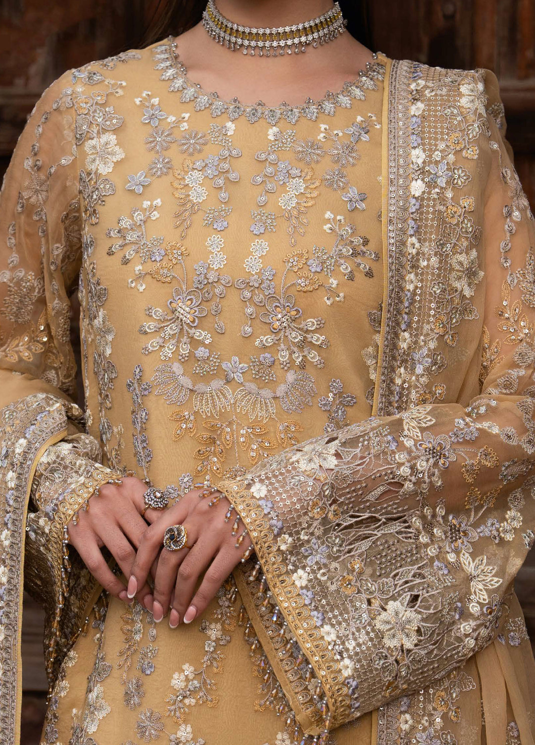 Humsafer by Lavish Premium Unstitched Embroidered Chiffon 3 Pcs Suit LVP26UH H-03 Daffodil Yellow - Festive