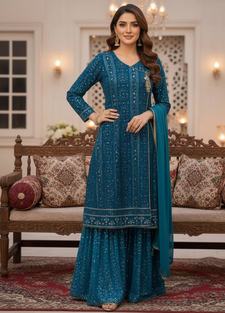 Rasm e Henna by Al Siyaab RTW Embroidered Chiffon 3 Piece Suit Miraal Peacock - Festive Collection