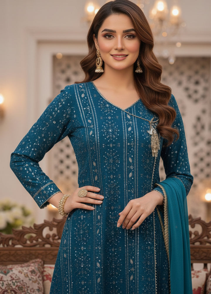 Rasm e Henna by Al Siyaab RTW Embroidered Chiffon 3 Piece Suit Miraal Peacock - Festive Collection