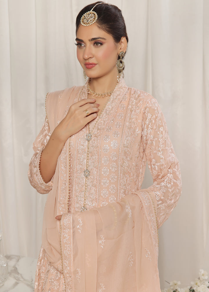 Rasm e Henna by Al Siyaab RTW Embroidered Chiffon 3 Piece Suit Noor e Nazakat Peach - Festive Collection