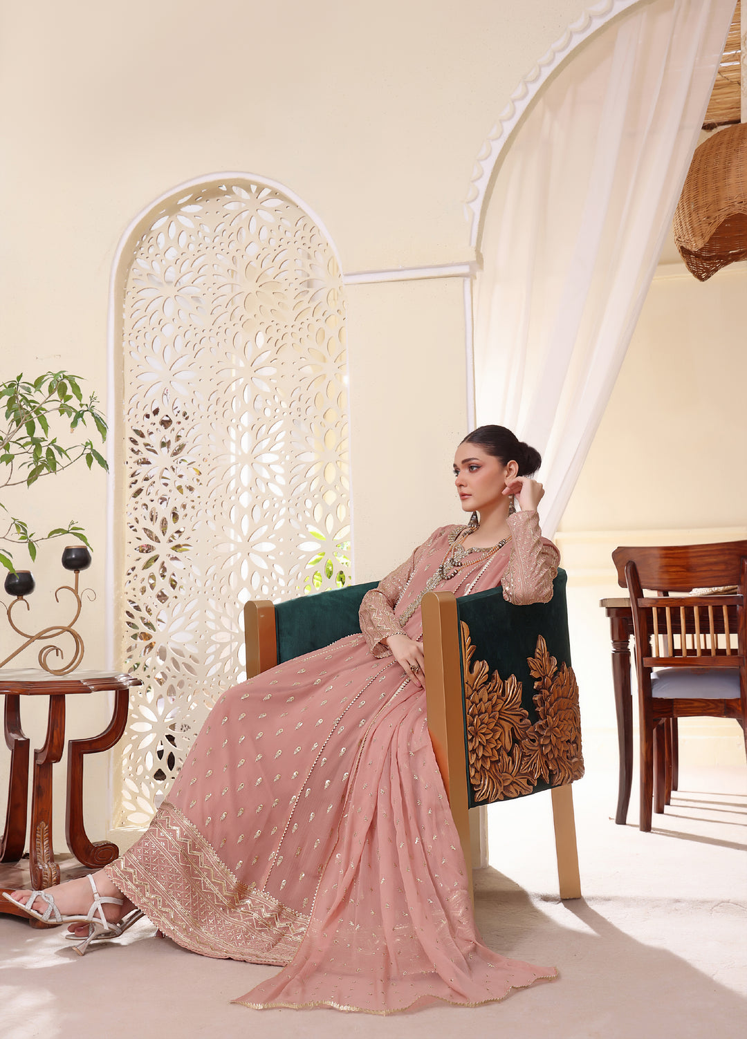 Rasm e Henna by Al Siyaab RTW Embroidered Chiffon 3 Piece Suit Bahaar Tea Pink - Festive Collection