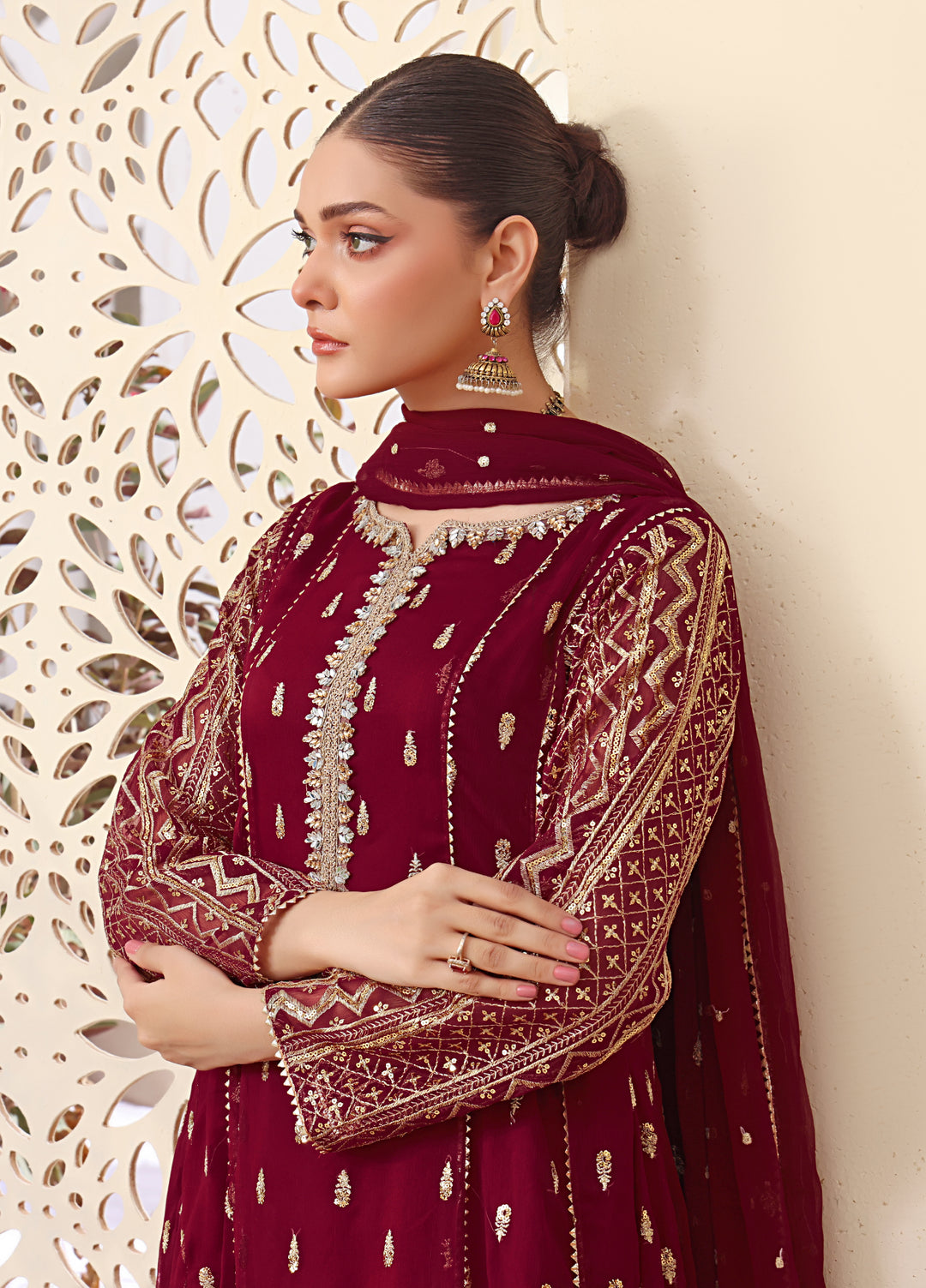 Rasm e Henna by Al Siyaab RTW Embroidered Chiffon 3 Piece Suit Bahaar Mehroon - Festive Collection