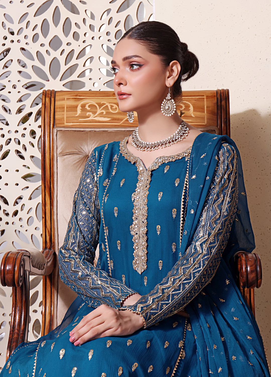 Rasm e Henna by Al Siyaab RTW Embroidered Chiffon 3 Piece Suit Bahaar Peacock - Festive Collection