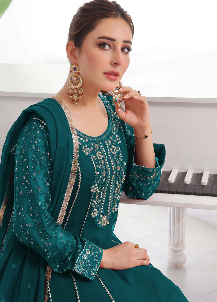 Rasm e Henna by Al Siyaab RTW Embroidered Chiffon 3 Piece Suit Raani Peacock - Festive Collection
