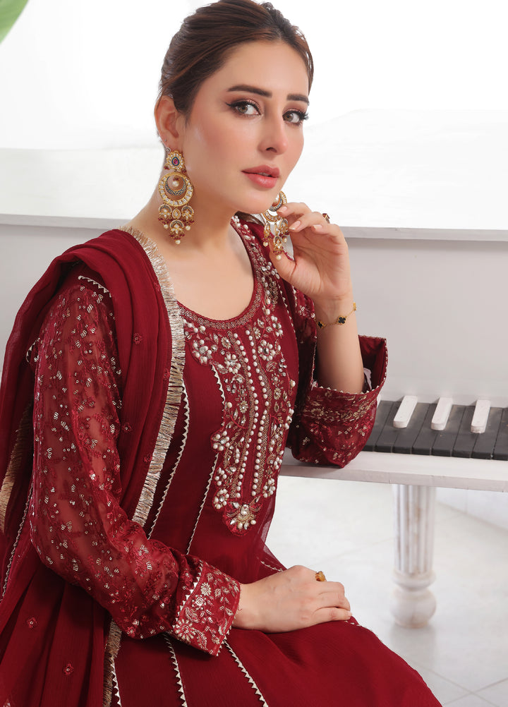 Rasm e Henna by Al Siyaab RTW Embroidered Chiffon 3 Piece Suit Raani Maroon - Festive Collection
