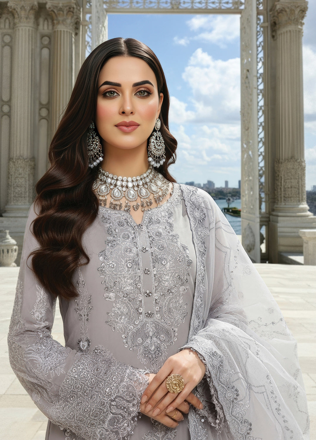 Mehr-E-Mah by Imrozia Premium Pret Embroidered Bamber Chiffon 3 Piece I-248 Feray - Festive Collection