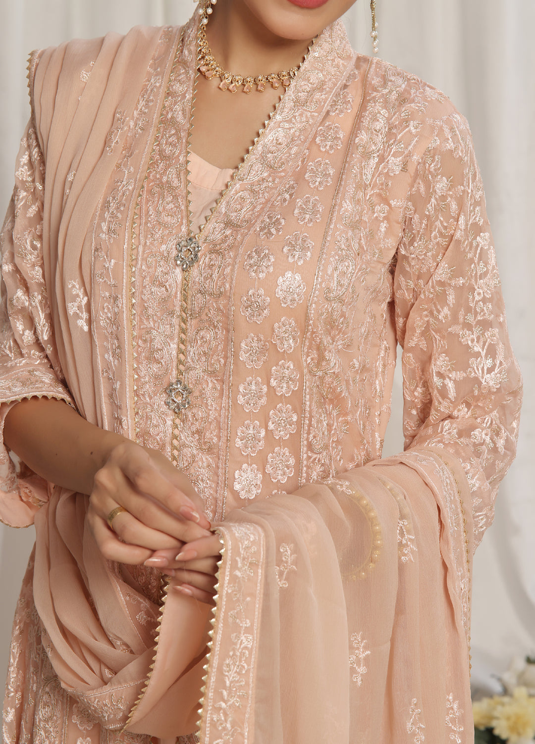 Rasm e Henna by Al Siyaab RTW Embroidered Chiffon 3 Piece Suit Noor e Nazakat Peach - Festive Collection