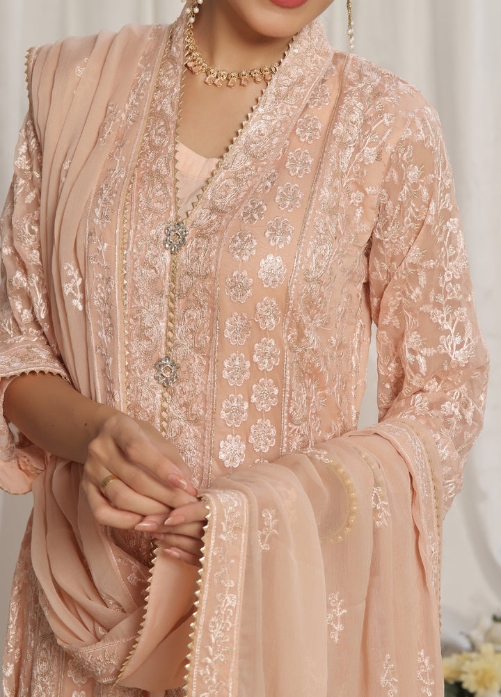 Rasm e Henna by Al Siyaab RTW Embroidered Chiffon 3 Piece Suit Noor e Nazakat Peach - Festive Collection