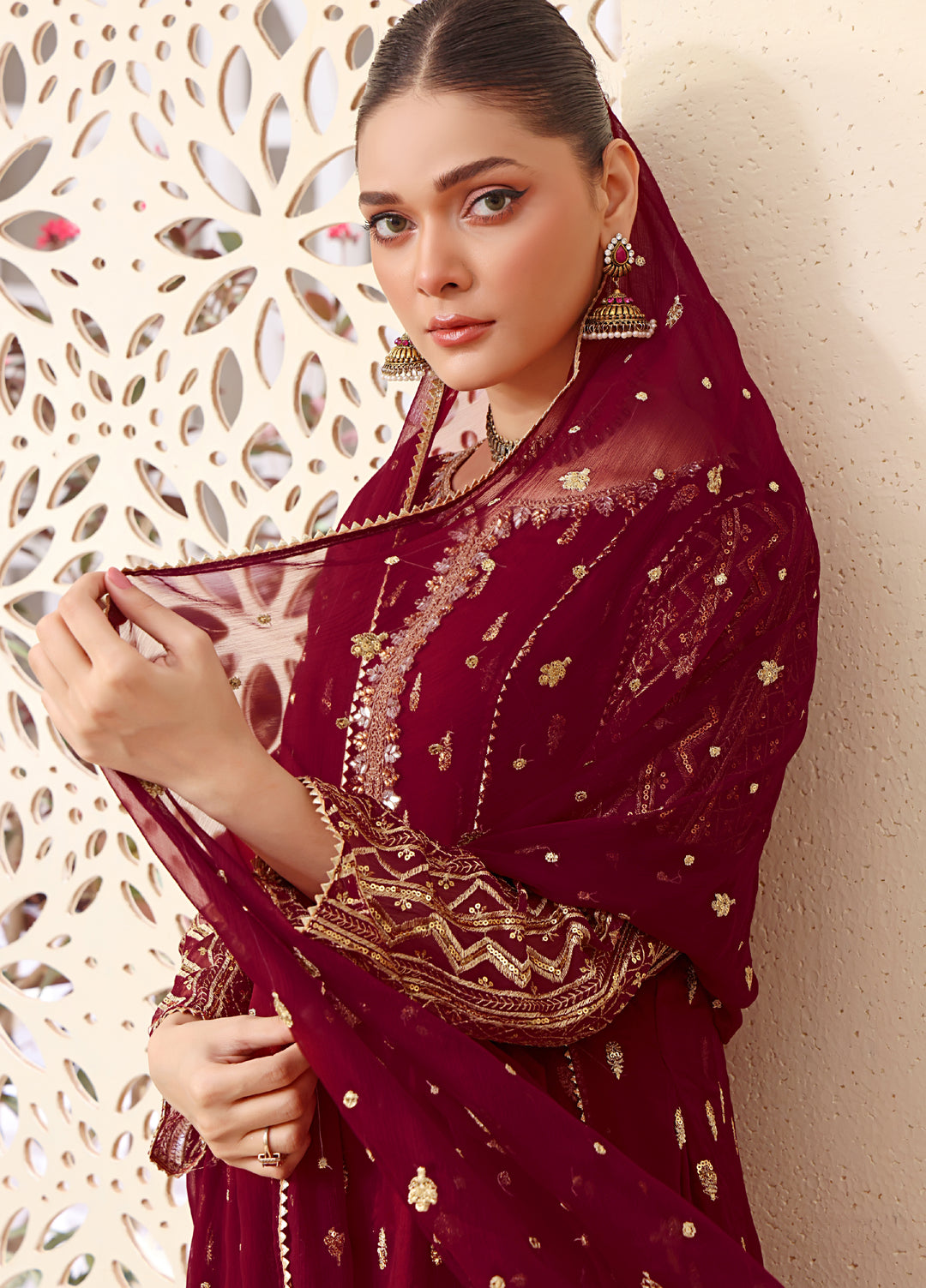 Rasm e Henna by Al Siyaab RTW Embroidered Chiffon 3 Piece Suit Bahaar Mehroon - Festive Collection
