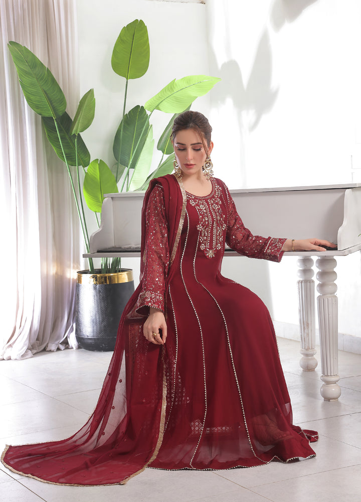 Rasm e Henna by Al Siyaab RTW Embroidered Chiffon 3 Piece Suit Raani Maroon - Festive Collection