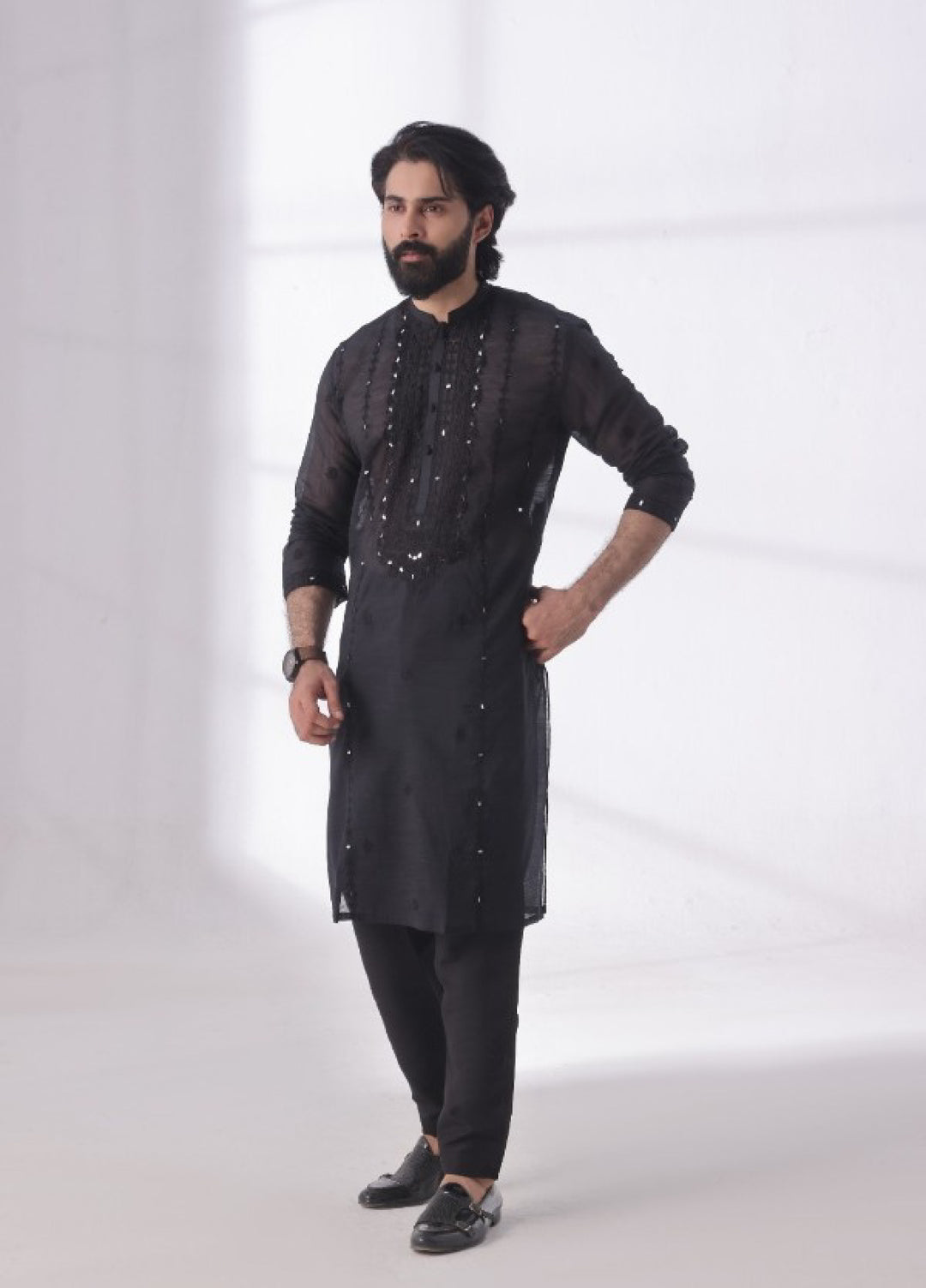 Bazm E Riwayat by Bin Musab Men Kurta Pajama Paper Cotton 2 Piece Mirror Edge - Festive Collection