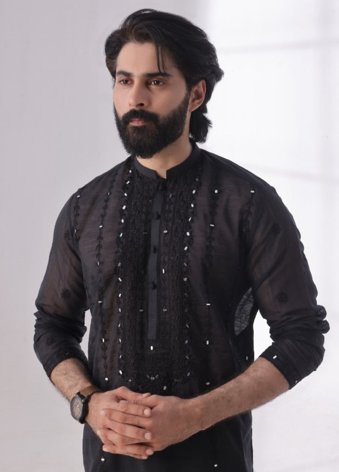 Bazm E Riwayat by Bin Musab Men Kurta Pajama Paper Cotton 2 Piece Mirror Edge - Festive Collection