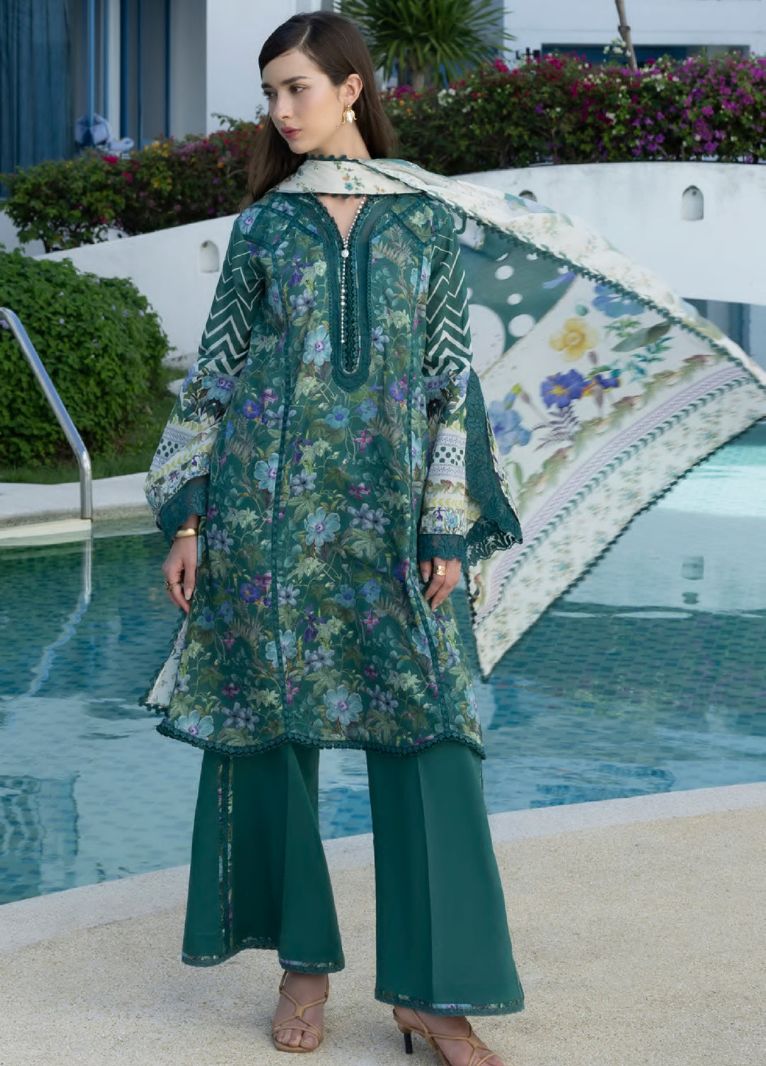 Santorini by Elaf Unstitched Lawn Printed 3 Piece Suit EL26US EPN-9A PEACOCK - Summer Collection