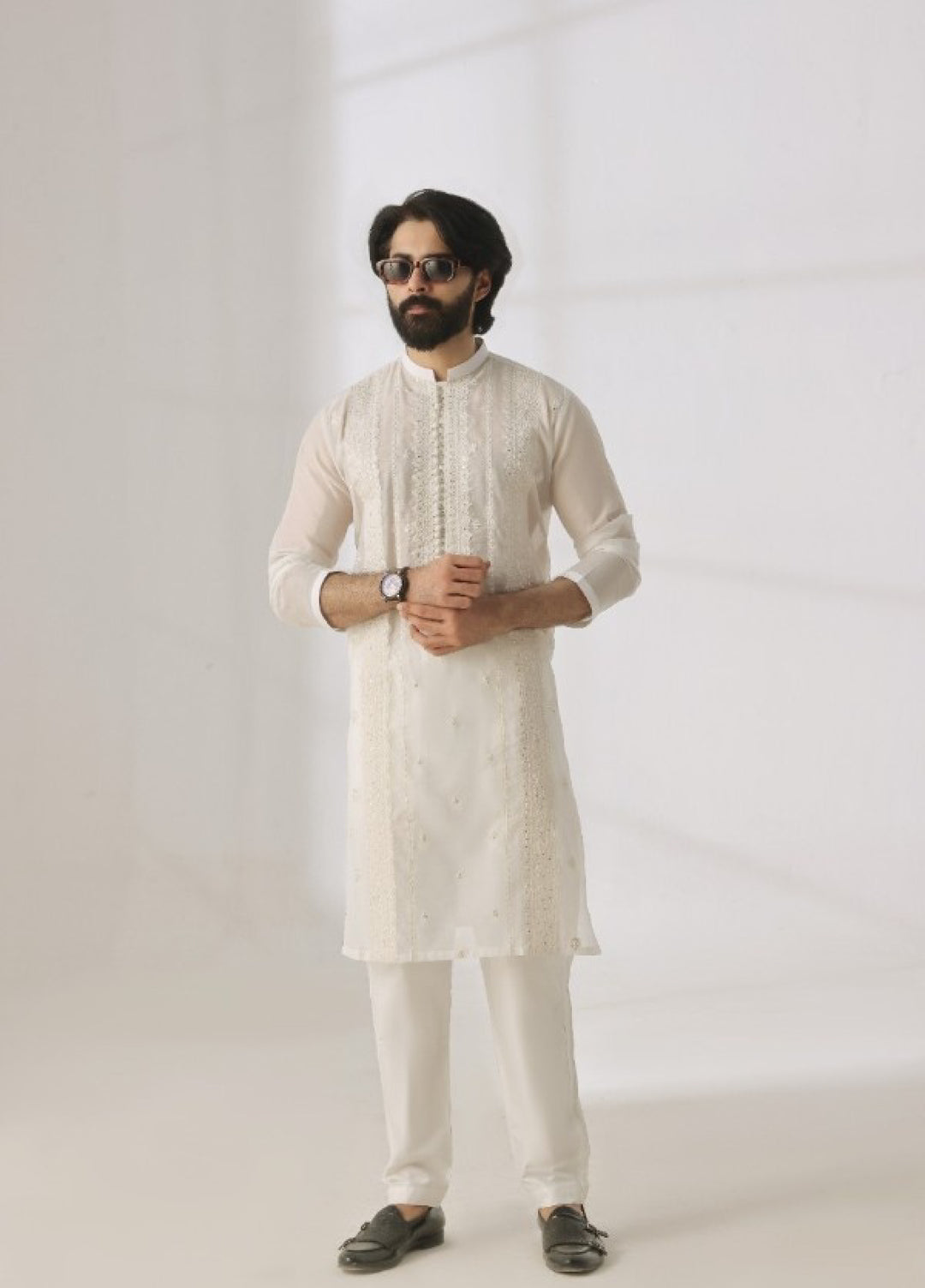 Bazm E Riwayat by Bin Musab Men Kurta Pajama 2 Piece Paper Cotton Pearl Creek - Festive Collection