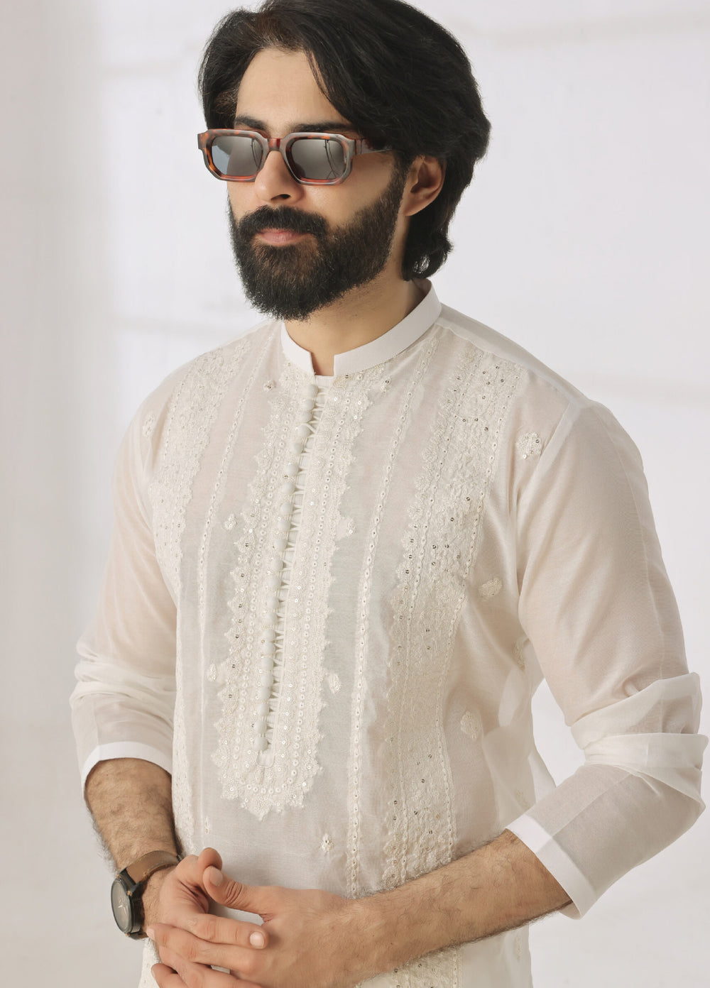Bazm E Riwayat by Bin Musab Men Kurta Pajama 2 Piece Paper Cotton Pearl Creek - Festive Collection