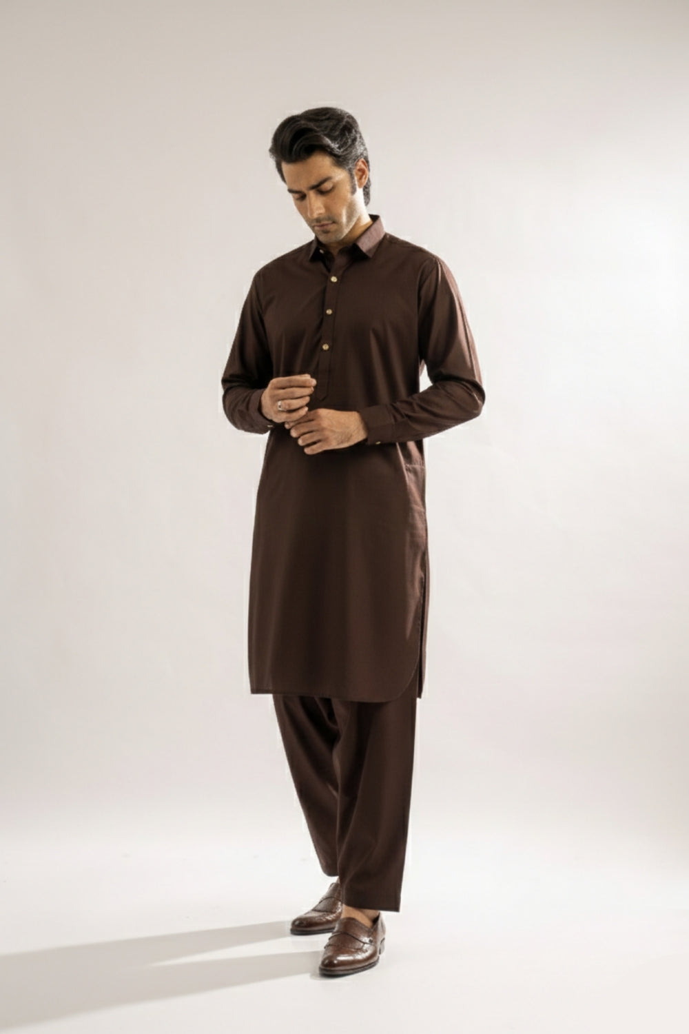Edge Republic Mens RTW Shalwar Kameez Wash N wear Dark Brown Premium  - Festive Collection