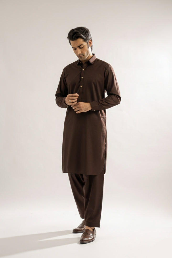 Edge Republic Mens RTW Shalwar Kameez Wash N wear Dark Brown Premium  - Festive Collection