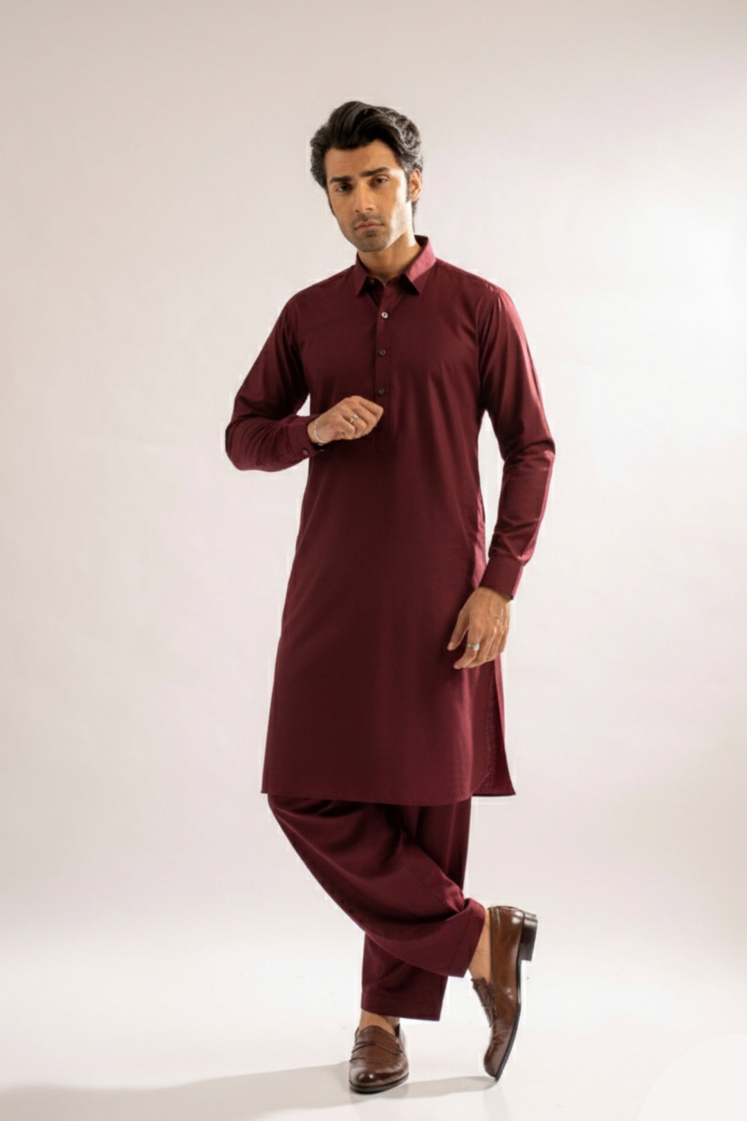 Edge Republic Mens RTW Shalwar Kameez Wash N wear Dark Maroon Premium  - Festive Collection