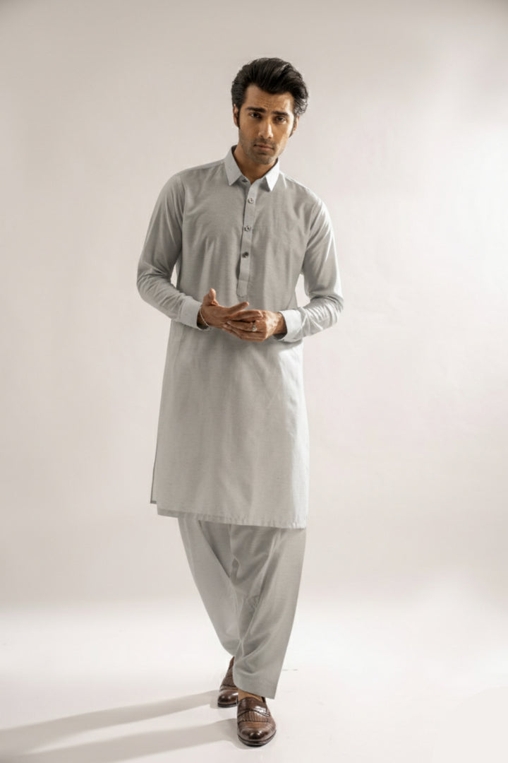 Edge Republic Mens RTW Shalwar Kameez Wash N wear Light Grey Premium  - Festive Collection