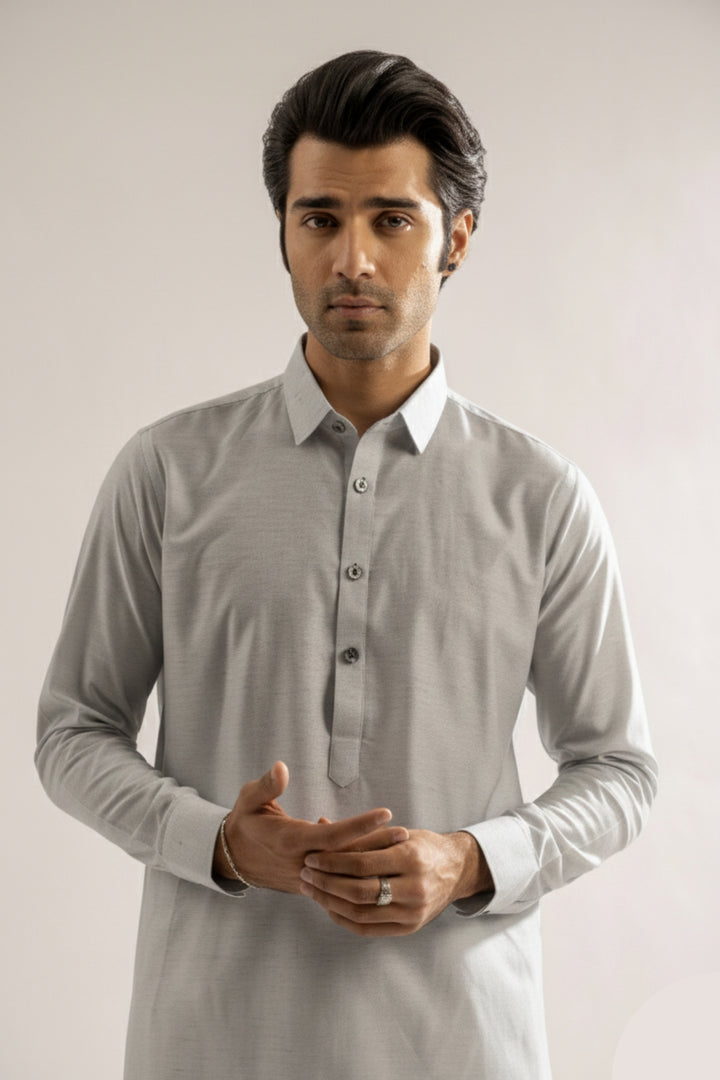 Edge Republic Mens RTW Shalwar Kameez Wash N wear Light Grey Premium  - Festive Collection