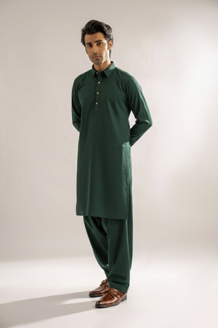 Edge Republic Mens RTW Shalwar Kameez Wash N wear Dark Green Premium  - Festive Collection