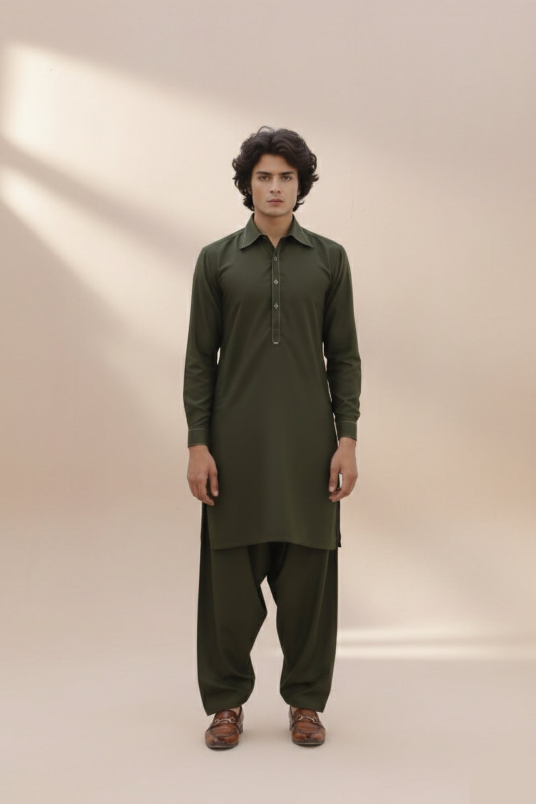 Edge Republic Mens RTW Shalwar Kameez Wash N wear Olive Green Premium  - Festive Collection
