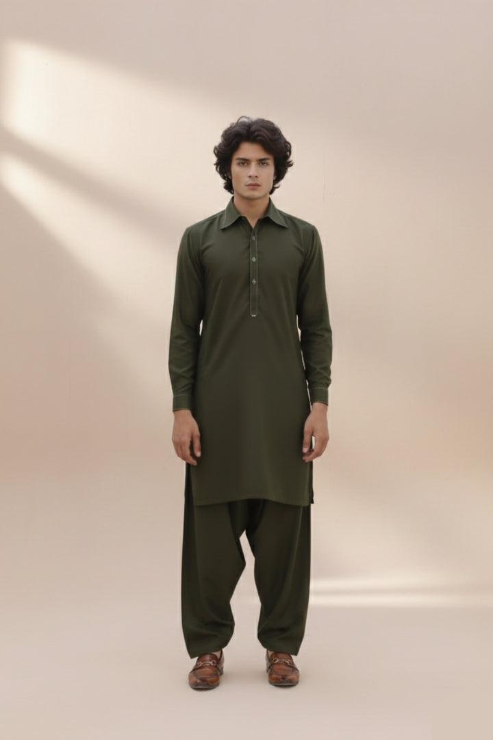 Edge Republic Mens RTW Shalwar Kameez Wash N wear Olive Green Premium  - Festive Collection
