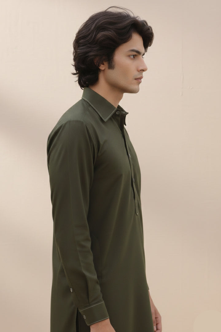 Edge Republic Mens RTW Shalwar Kameez Wash N wear Olive Green Premium  - Festive Collection