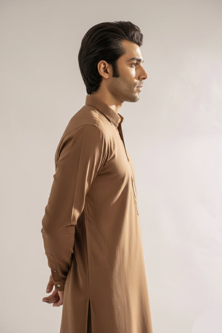Edge Republic Mens RTW Shalwar Kameez Wash N wear Light Brown Premium  - Festive Collection