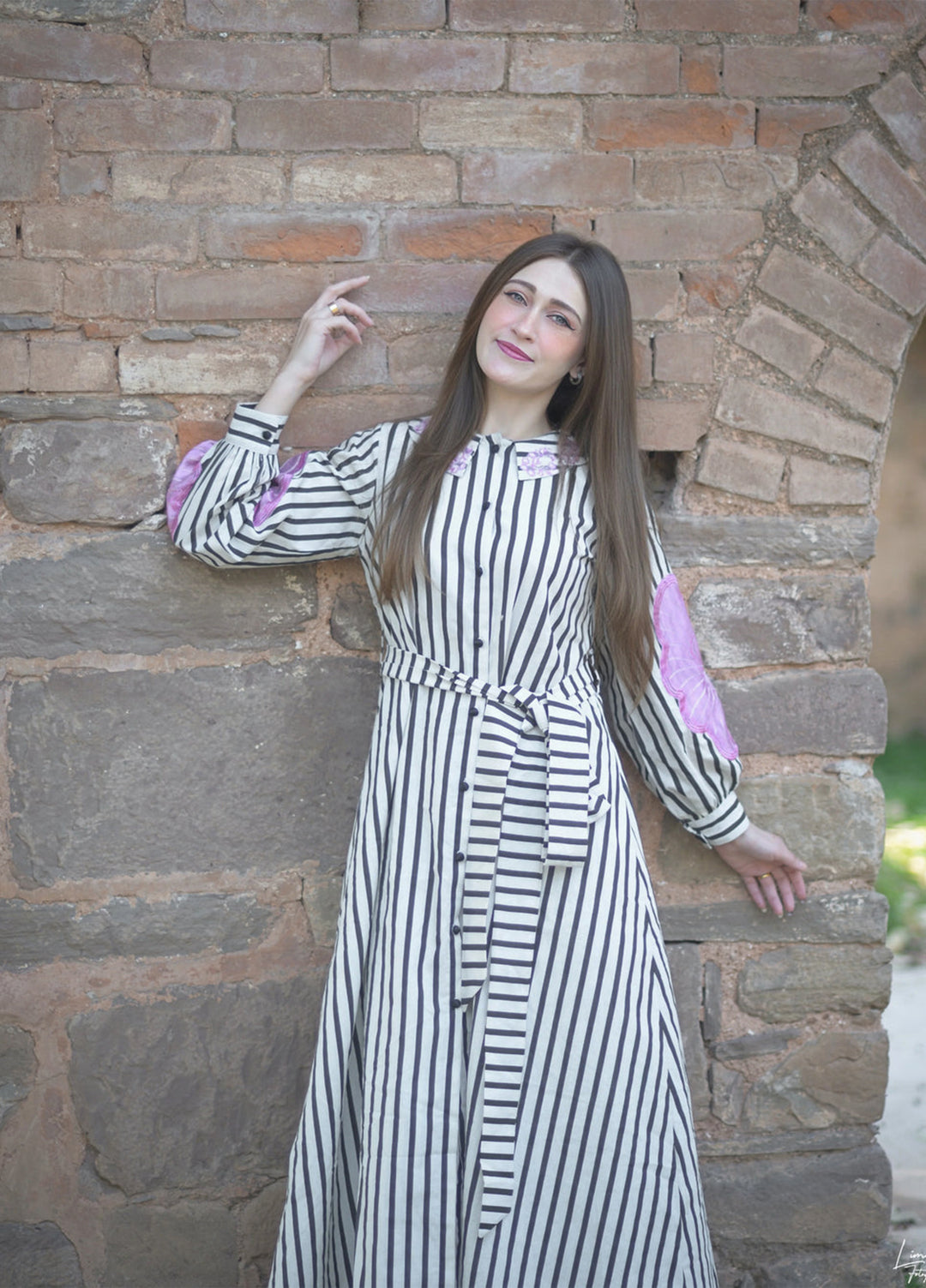 Urban Cut RTW Embroidered Cotton 1 Piece Striped Dress Casual Collection