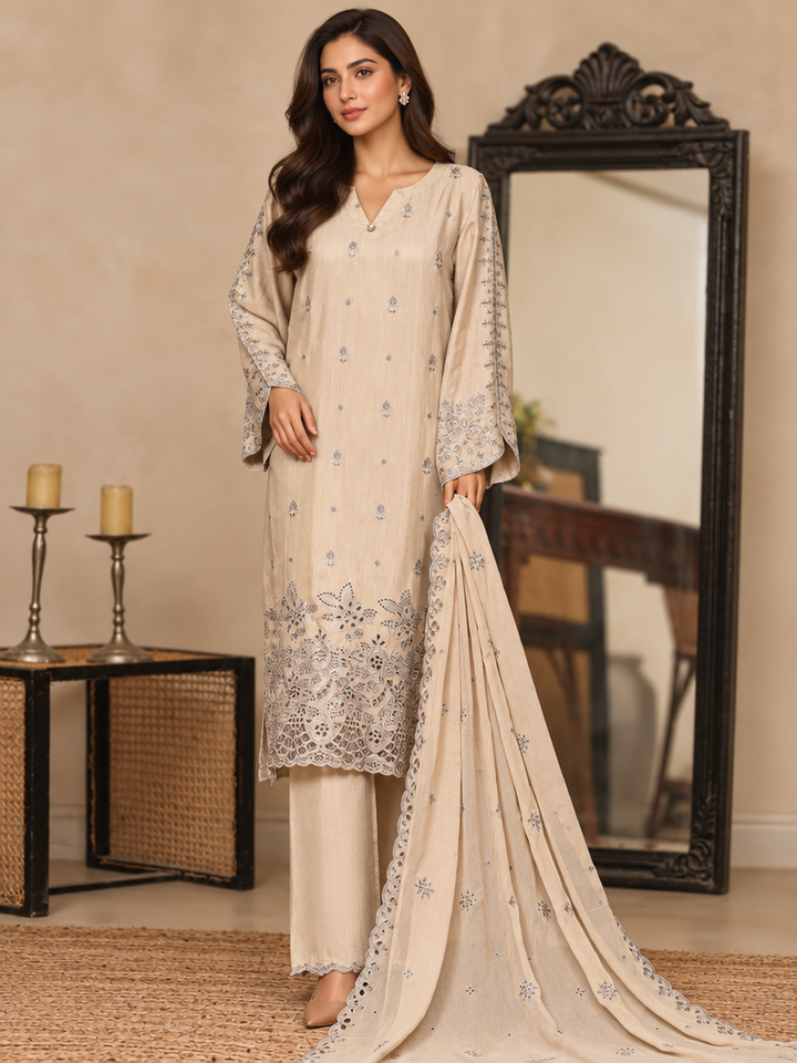 Majestic Silk by HZ Textiles RTW Embroidered Rawsilk 3 Piece Suit HZ26RMS RDE-3P-001 Hazelnut - Festive Collection