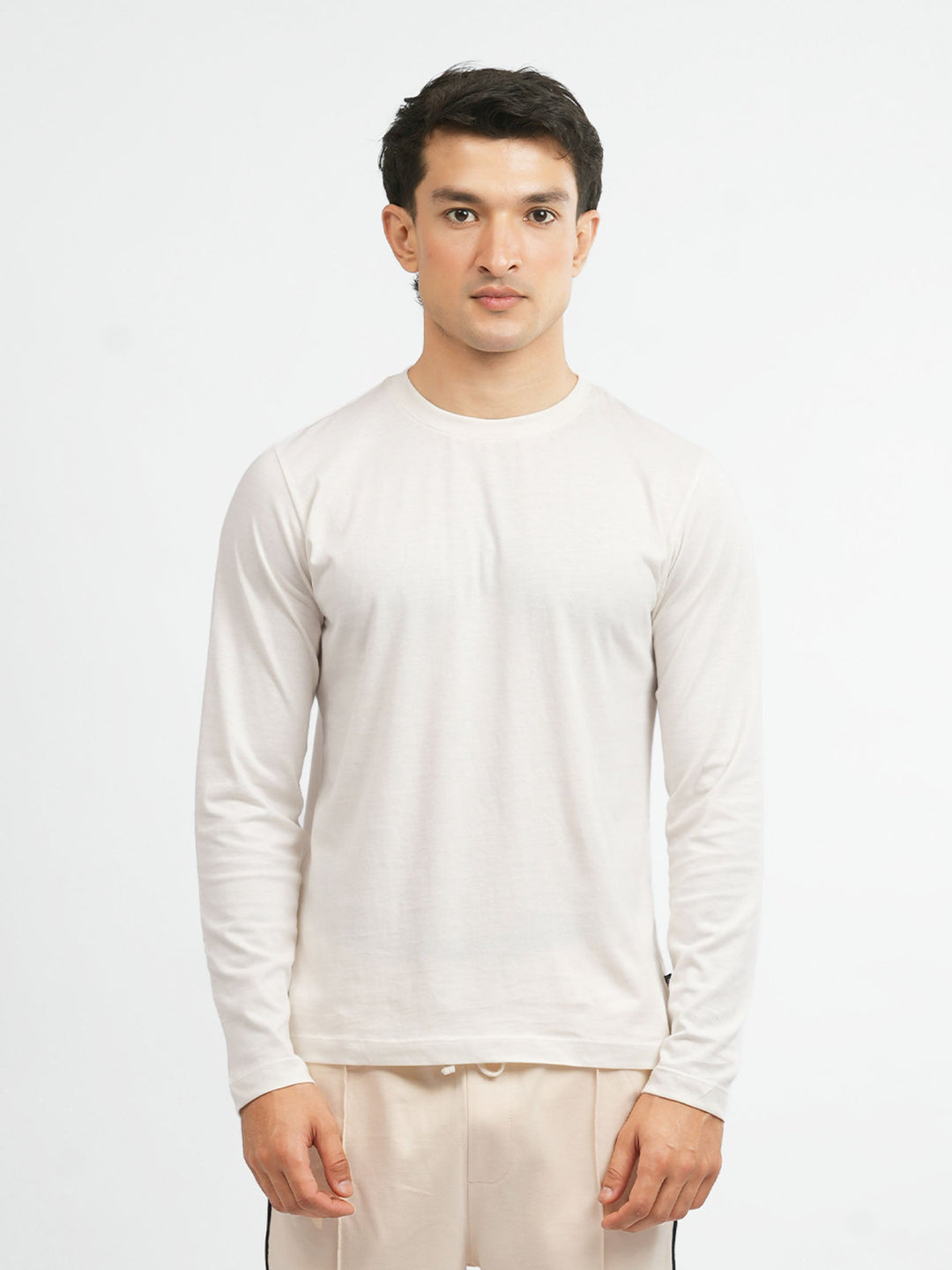 Brumano Mens T-Shirt RTW Solids Cotton Vanilla Long Sleeve Crew Neck Casual Collection