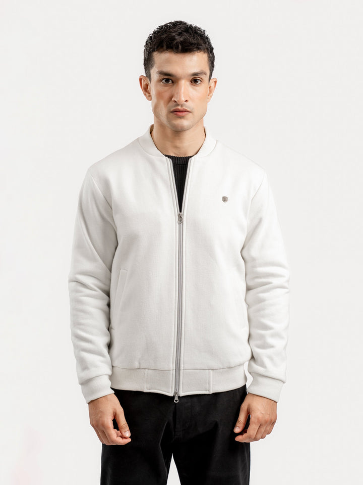 Brumano Pret Solids Polyester 1 Piece Vanilla Knitted Bomber Jacket