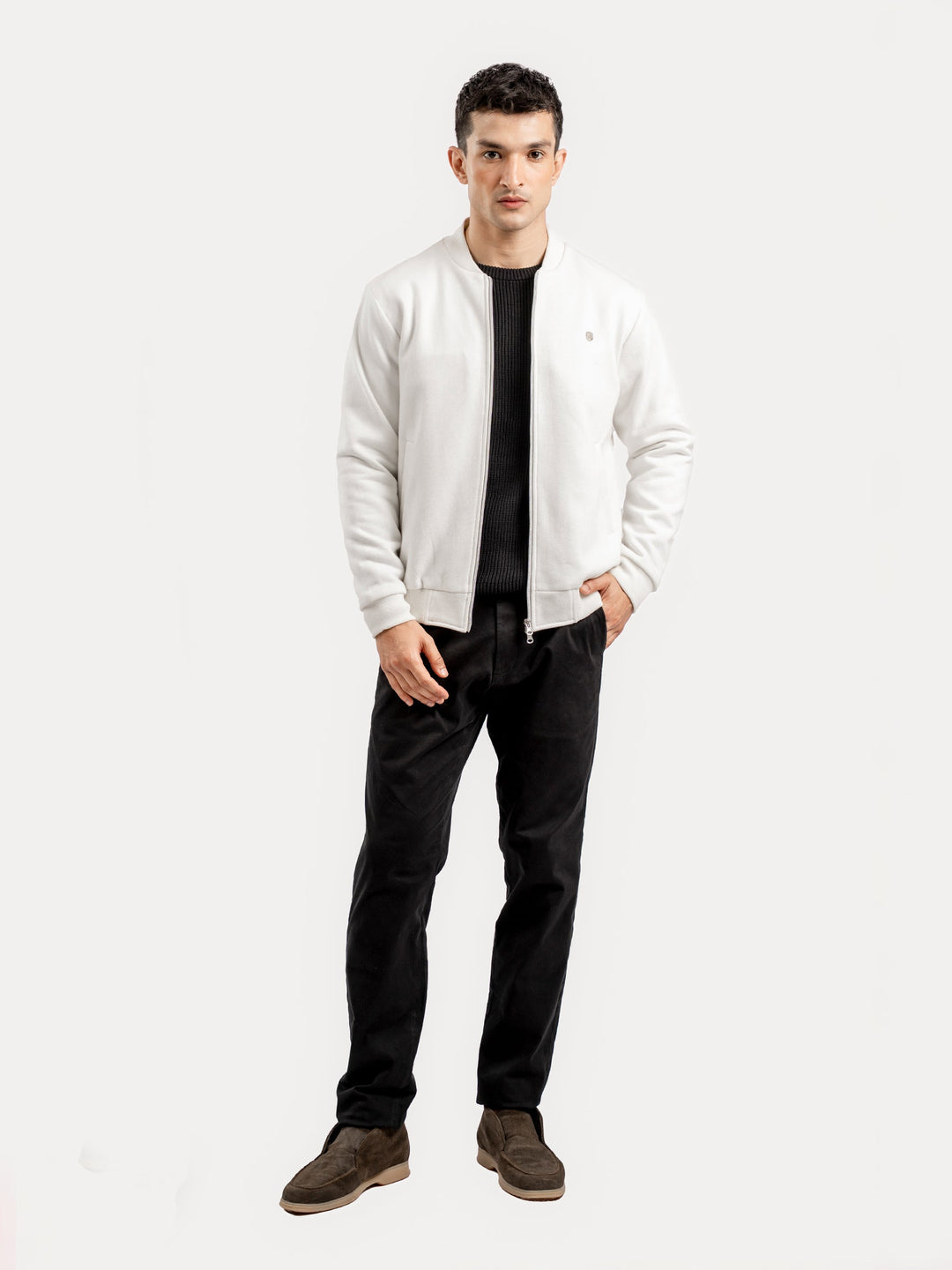 Brumano Pret Solids Polyester 1 Piece Vanilla Knitted Bomber Jacket