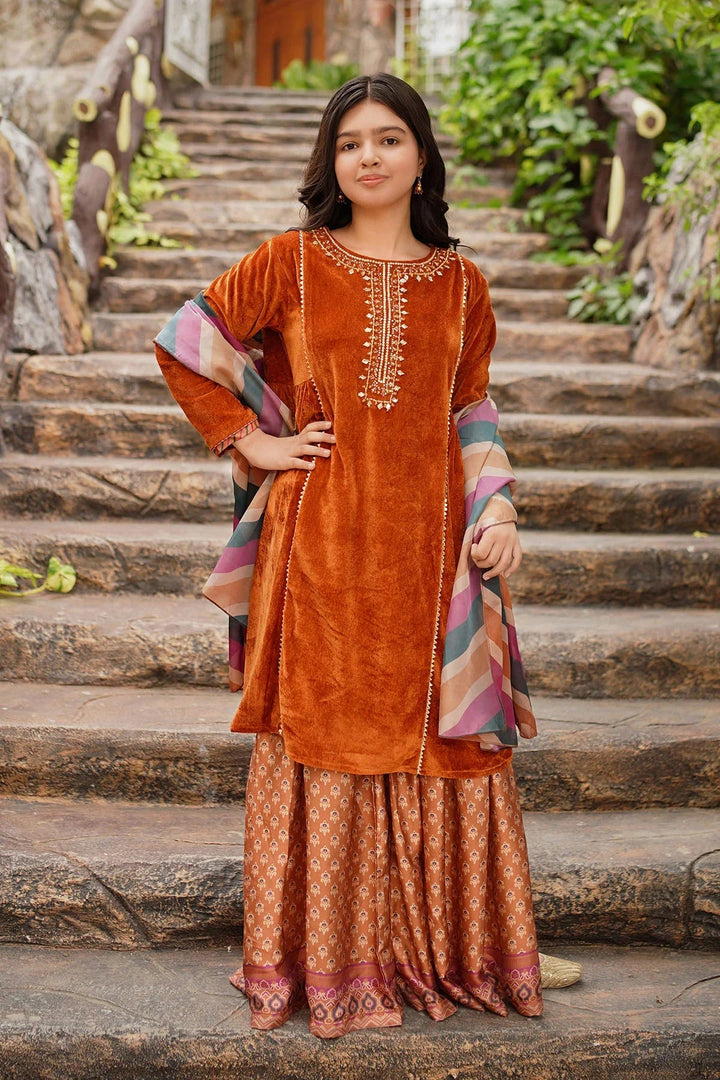 Ochre RTW Embroidered Girls 3 Piece Velvet Hand Adda Work OVF-41 - Winter Collection