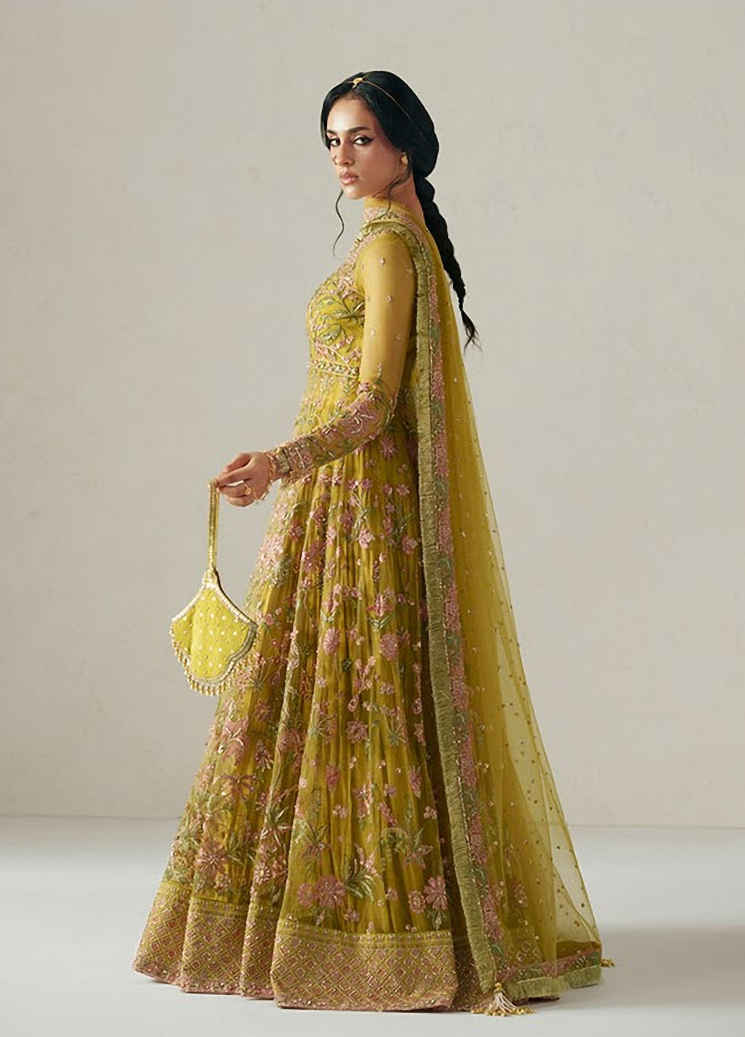 Vera Unstitched Embroidered Net 4 Piece Suit VR26UWF Marigold Mustard - Wedding Collection