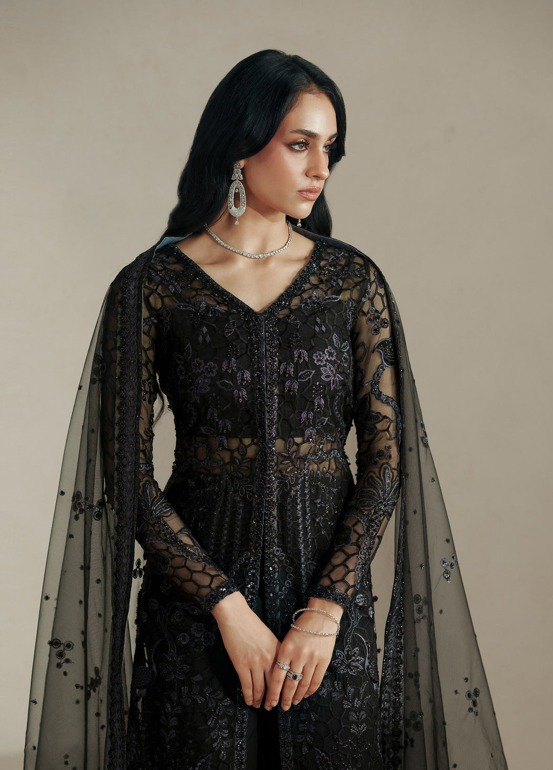 Vera Unstitched Embroidered Organza 3 Piece Suit VR26UWF Muse Black - Wedding Collection