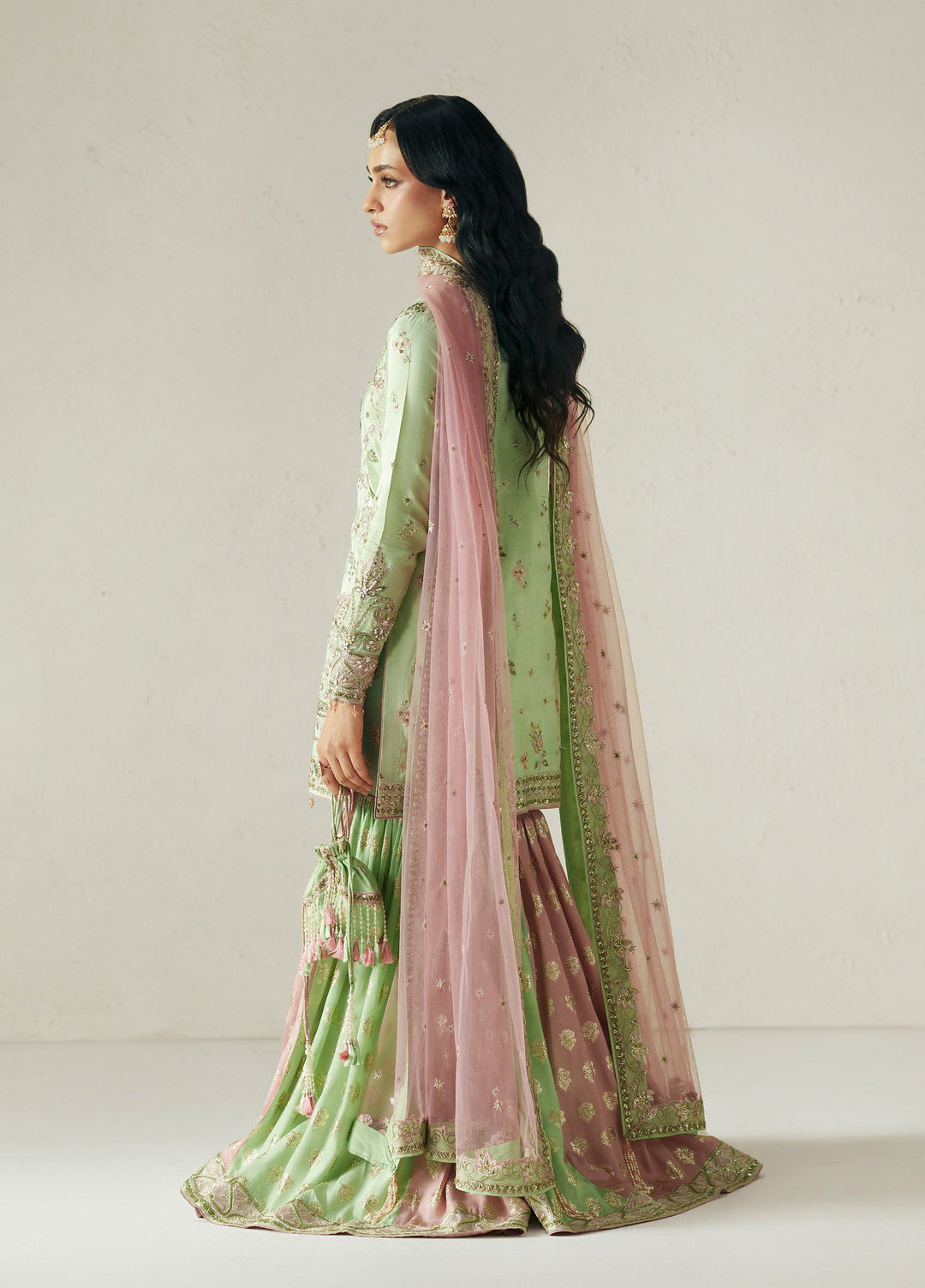 Vera Unstitched Embroidered Silk 3 Piece Suit VR26UWF Resham Mint Green - Wedding Collection