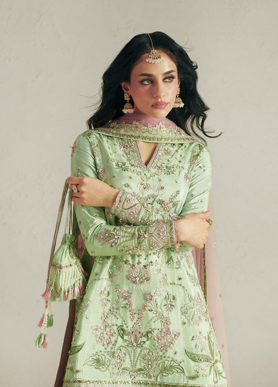 Vera Unstitched Embroidered Silk 3 Piece Suit VR26UWF Resham Mint Green - Wedding Collection