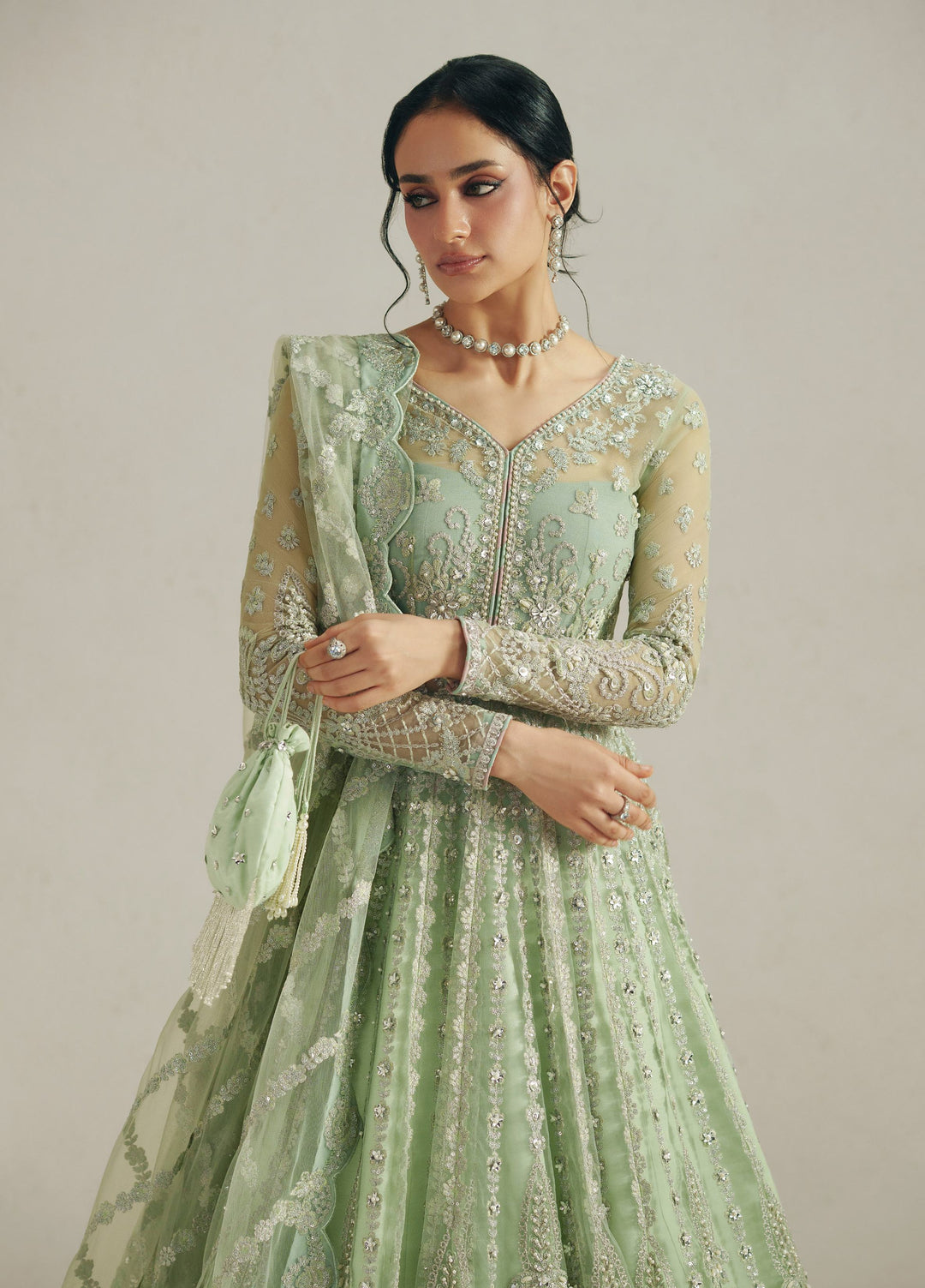 Vera Unstitched Embroidered Net Pishwas Suit VR26UWF Seafoam Green Pishwas - Wedding Collection
