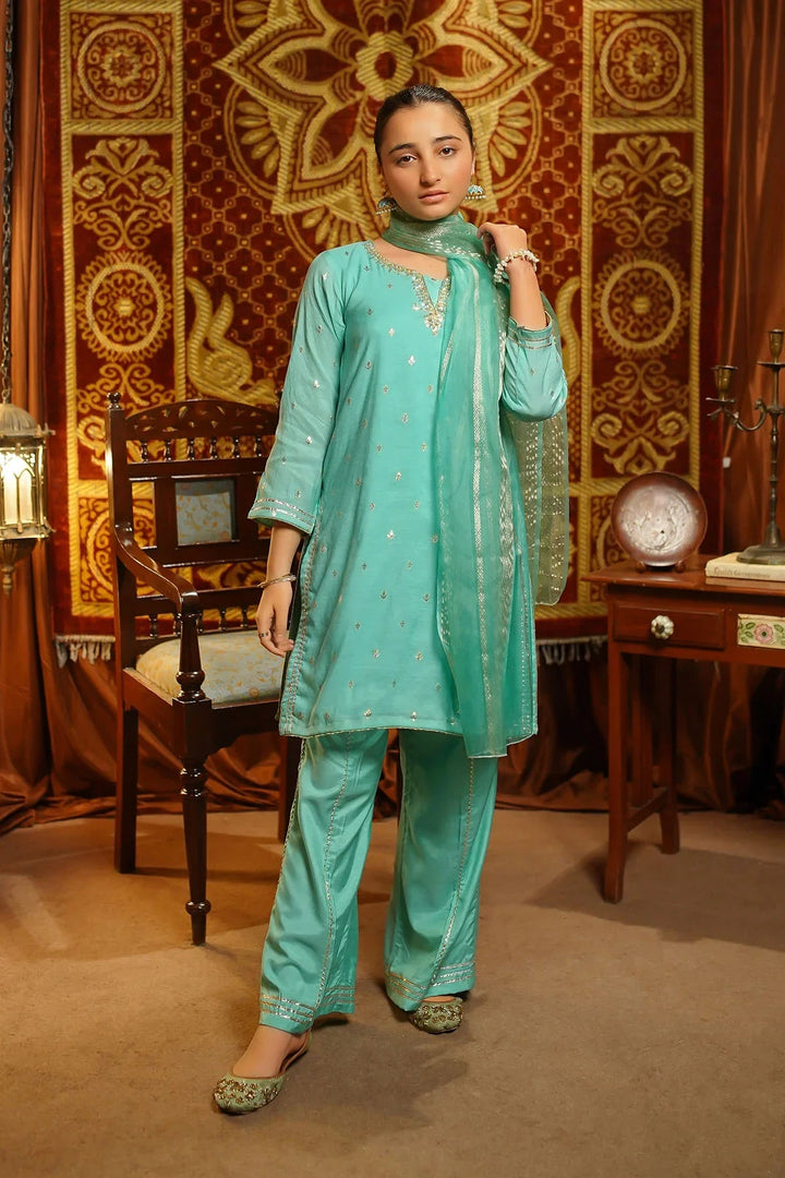 Ochre Girls Pret  Viscose Jacquard Hand Adda Work 3 Piece Suit EX-13 - Winter Collection