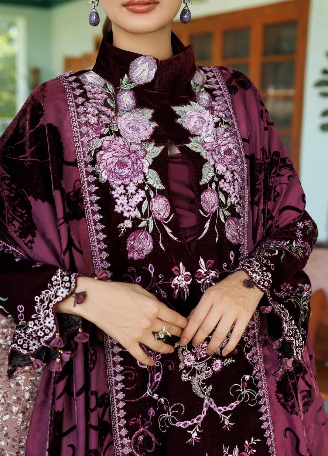 Plush Luxury by Asifa and Nabeel Unstitched Embroidered Velvet 3 Piece Suit Wine Shine WLXU-06 - Festive Collection